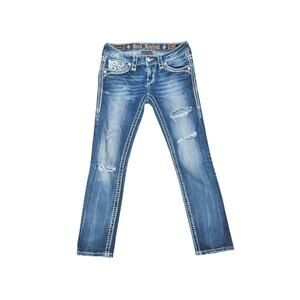 Rock Revival Sundee Crop Jeans Women 25 Distressed Skinny Blue Rhinestone Bling